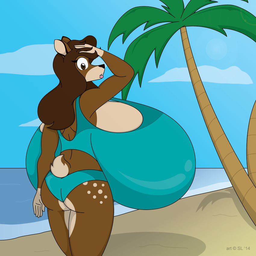anthro beach big_breasts bikini breasts butt cervine clothing deer female huge_breasts looking_at_viewer looking_back mammal satsumalord seaside swimsuit