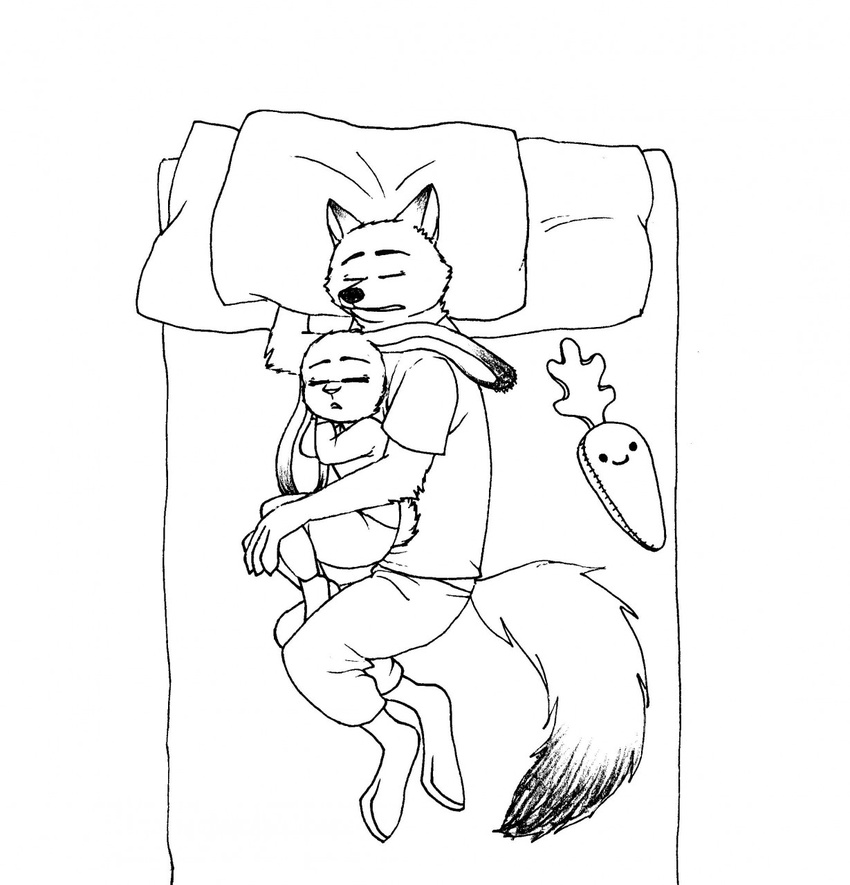 anthro bed bernielover canine clothed clothing disney duo female fox fur hi_res judy_hopps lagomorph lying male mammal nick_wilde on_bed pillow rabbit simple_background sleeping toy_carrot white_background zootopia