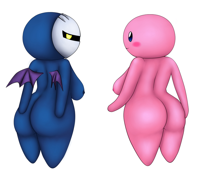 anthro blue_areola blue_eyes blue_nipples blue_skin blush breasts crossgender duo female from_behind_position hi_res kirby kirby_(series) mask membranous_wings meta_knight nintendo nipples pink_areola pink_nipples pink_skin redbenjamin sex simple_background video_games white_background wings yellow_eyes