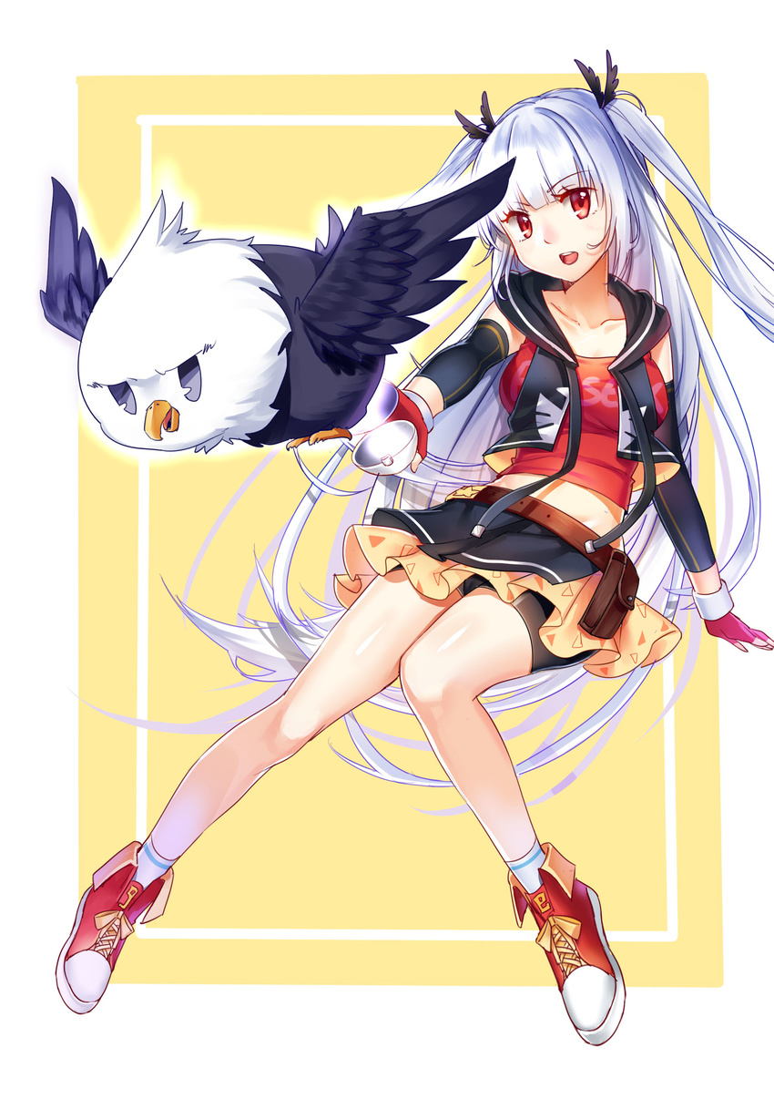 absurdres aer_(tengqiu) alternate_costume bell_mccamp_(zhan_jian_shao_nyu) belt bike_shorts bird blue_hair breasts casual character_name clothes_writing essex_(zhan_jian_shao_nyu) highres hood hoodie hoodie_vest large_breasts long_hair looking_at_viewer open_mouth owl poke_ball pokemon pokemon_(creature) pouch red_eyes shoes shorts shorts_under_skirt sneakers solo very_long_hair vest white_hair zhan_jian_shao_nyu