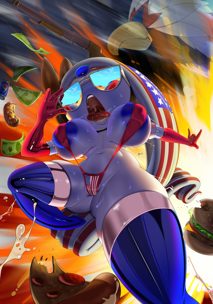 areola beverage big_areola bikini braviary burger clothed clothing explosion eyewear female food gun hot_dog legendary_pok&eacute;mon meloetta merica money nintendo open_mouth pepsi pizza plump_nipples pok&eacute;mon ranged_weapon rubber shiny shiny_latex skimpy sling_bikini soda sunglasses swimsuit theboogie thong tongue tongue_out united_states_of_america video_games weapon