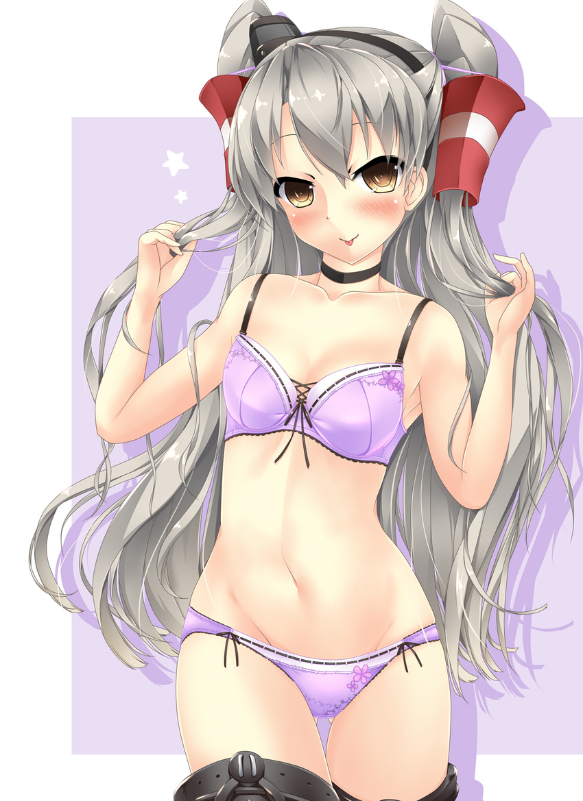 :p akairo_no_mako amatsukaze_(kantai_collection) armpits ass_visible_through_thighs bare_arms bare_shoulders black_hat black_legwear blush bra breasts brown_eyes closed_mouth collarbone cowboy_shot eyelashes flower hair_flower hair_ornament hair_tubes hairband hands_in_hair hat highres kantai_collection lingerie long_hair mini_hat navel panties pink_background purple_bra purple_panties silver_hair simple_background small_breasts smile solo standing star stomach thigh_gap thighhighs tongue tongue_out two_side_up underwear underwear_only very_long_hair