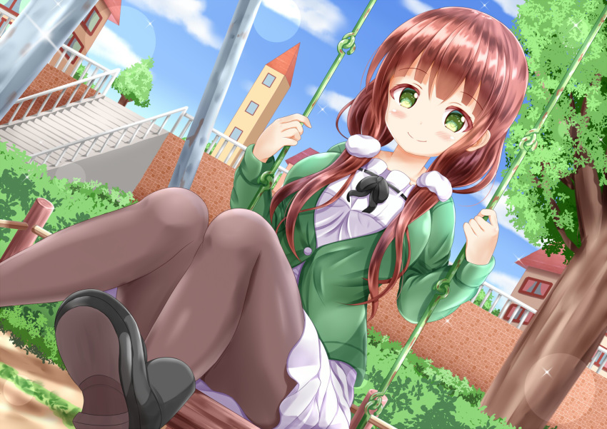 1girl bangs black_footwear blue_sky blush brown_hair brown_legwear building closed_mouth cloud commentary_request day dress dutch_angle eyebrows_visible_through_hair gochuumon_wa_usagi_desu_ka? green_eyes green_jacket hair_over_shoulder hands_up jacket long_hair long_sleeves low_twintails outdoors pantyhose pleated_dress railing shoe_soles shoes sitting sky smile solo sparkle stairs stone_stairs swing swing_set tree twintails ujimatsu_chiya white_dress zenon_(for_achieve)