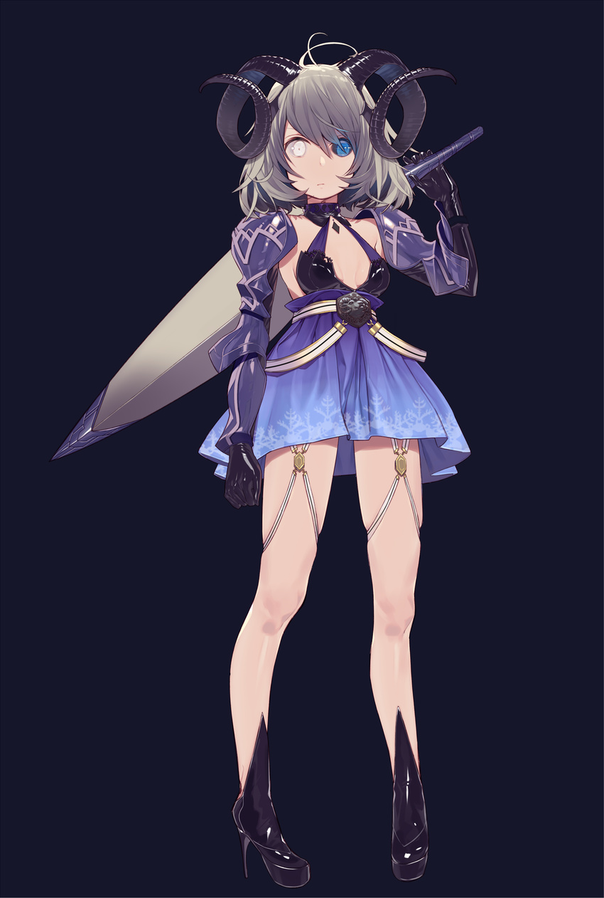 armor black_sclera blue_eyes breasts closed_mouth expressionless full_body grey_hair heterochromia high_heels highres holding holding_sword holding_weapon horns looking_at_viewer medium_breasts mismatched_sclera misoni_comi original short_hair solo standing sword sword_behind_back thighs weapon weapon_on_back white_eyes