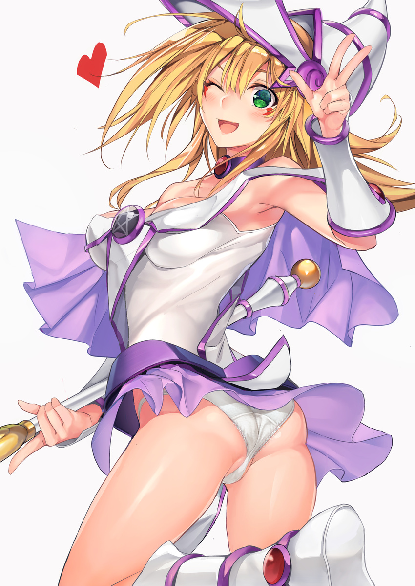 ;d alternate_color arm_up armpits ass bad_id bad_nicoseiga_id bare_shoulders blonde_hair blush boots breasts choker cleavage dark_magician_girl duel_monster from_behind gem green_eyes heart helmet highres holding holding_staff knee_boots looking_back medium_breasts one_eye_closed open_mouth panties partially_visible_vulva ruby_(stone) shiny shiny_skin smile solo staff thighs ts422 twisted_torso underwear white_footwear white_panties yuu-gi-ou yuu-gi-ou_duel_monsters