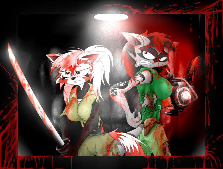 anthro blood chainsaw gonein10seconds hi_res katana mammal melee_weapon raccoon redpanda saya shelby soldier sword tattoo tools weapon