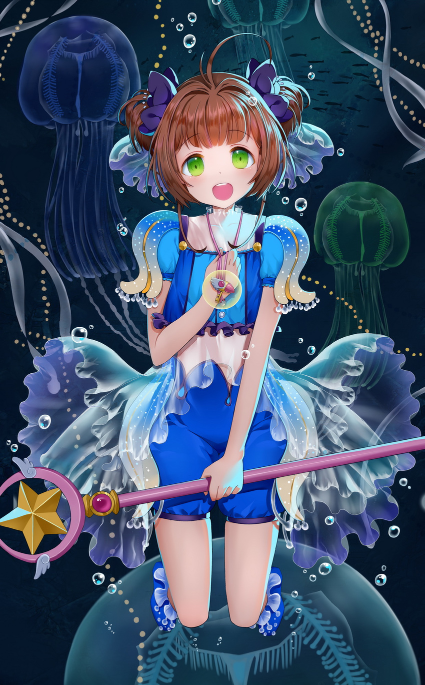 blue_shorts brown_hair cardcaptor_sakura green_eyes hair_ornament highres holding hoshi_no_tsue kinomoto_sakura looking_at_viewer open_mouth qi_kou see-through short_hair shorts solo staff