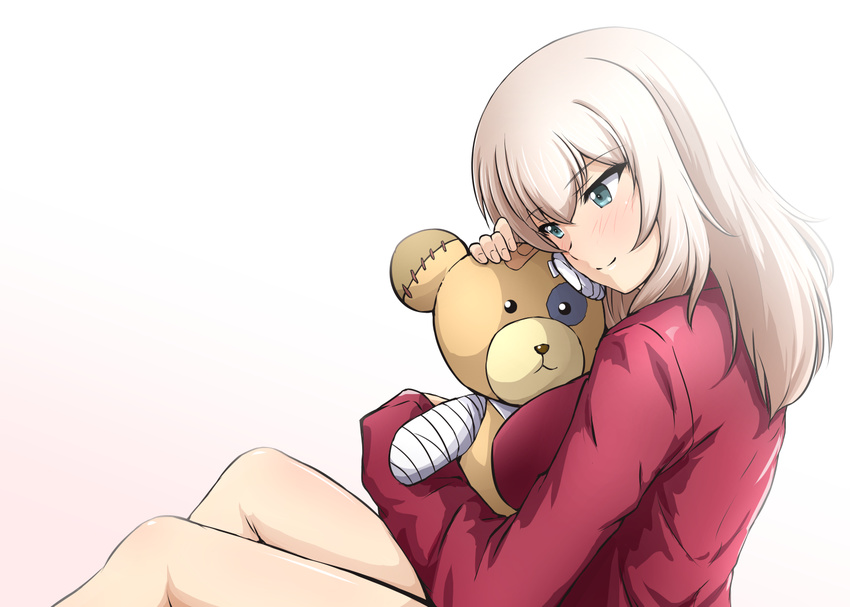 blue_eyes boko_(girls_und_panzer) diesel-turbo girls_und_panzer itsumi_erika long_hair silver_hair solo stuffed_animal stuffed_toy teddy_bear