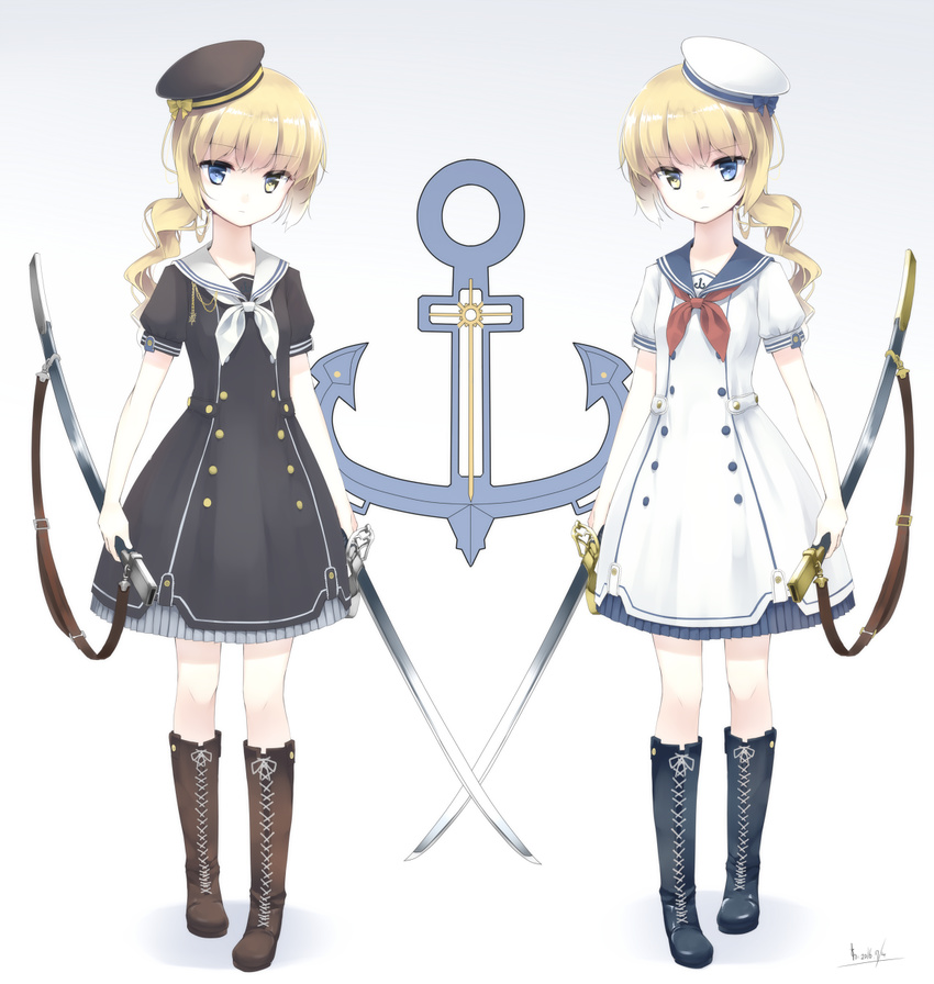 2girls akademie_der_meeresbrise anchor_symbol blonde_hair blue_eyes boots bow buttons crossed_swords dated dress full_body hat hat_bow heterochromia highres holding holding_sword holding_weapon knee_boots looking_at_viewer lost_tree makadamixa multiple_girls neckerchief original ponytail sailor_dress sailor_hat sheath short_sleeves siblings signature simple_background sisters standing sword symmetrical_pose twins unsheathed weapon yellow_eyes