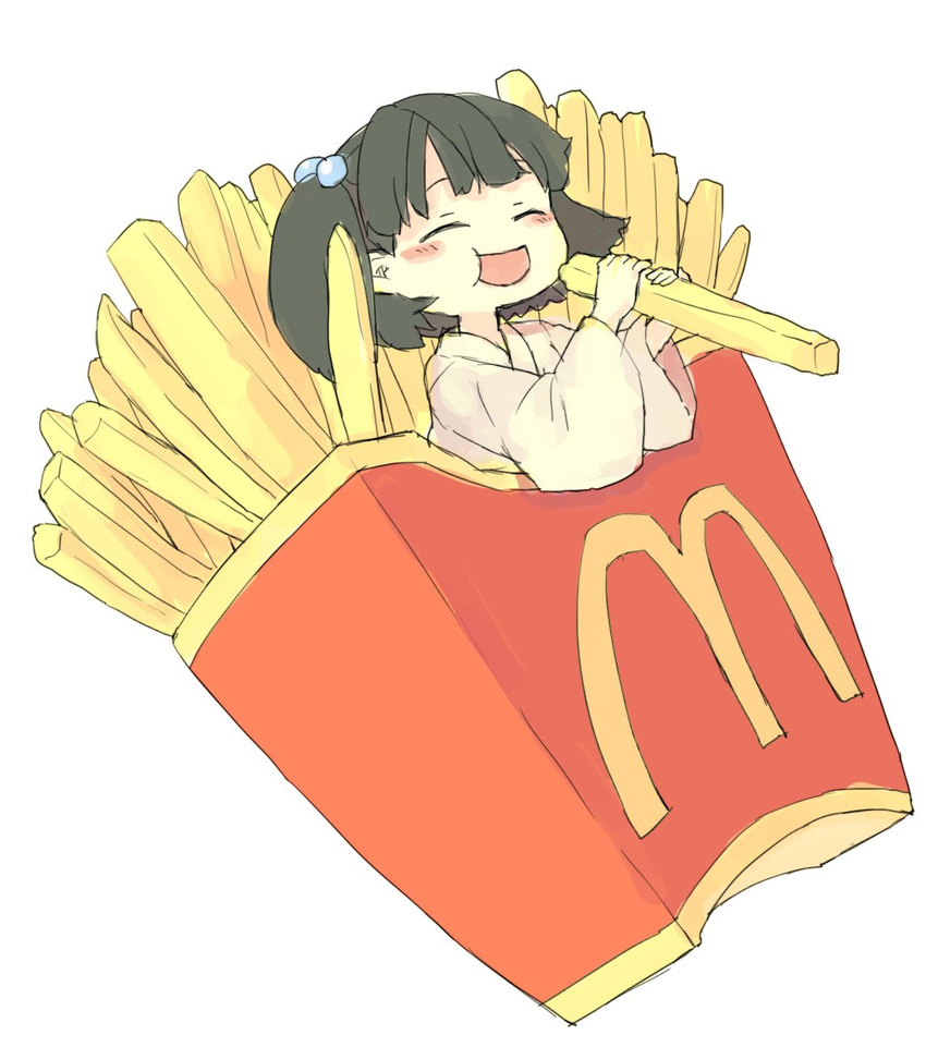 :d ^_^ blush box chewing closed_eyes eating food french_fries green_hair hair_bobbles hair_ornament happy highres holding holding_food in_box in_container in_food japanese_clothes kisume logo long_sleeves mcdonald's minigirl open_mouth pale_color product_placement short_hair simple_background smile solo touhou upper_body white_background wide_sleeves yunuki_uta
