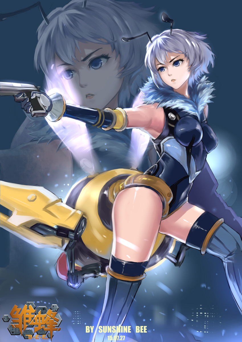 absurdres antennae bee_girl blue_eyes boots breasts commentary_request elbow_gloves gloves gun handgun highres holding insect_girl leotard liu_li medium_breasts pistol school_shock short_hair silver_hair solo sunshine_(1638509769) thighhighs weapon wings