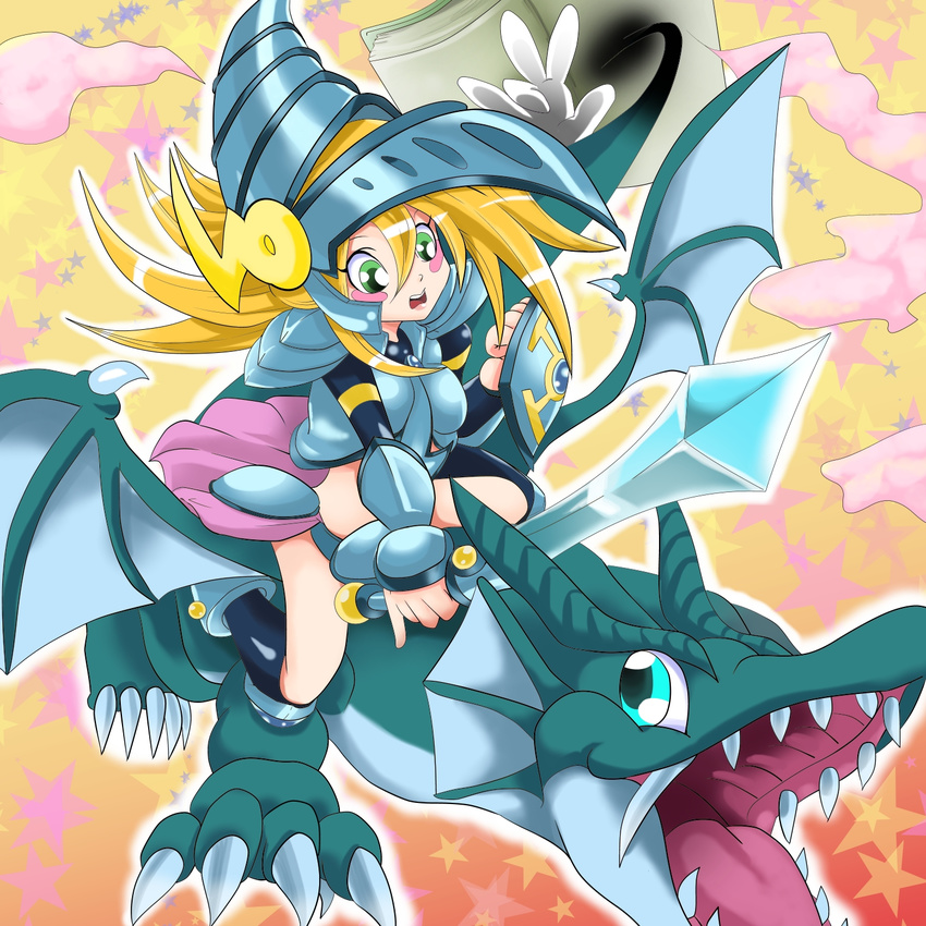 1girl armor dark_magician_girl dark_magician_girl_the_dragon_knight dragon duel_monster fangs female knight monster simple_background smile the_eye_of_timaerus yu-gi-oh! yuu-gi-ou_duel_monsters