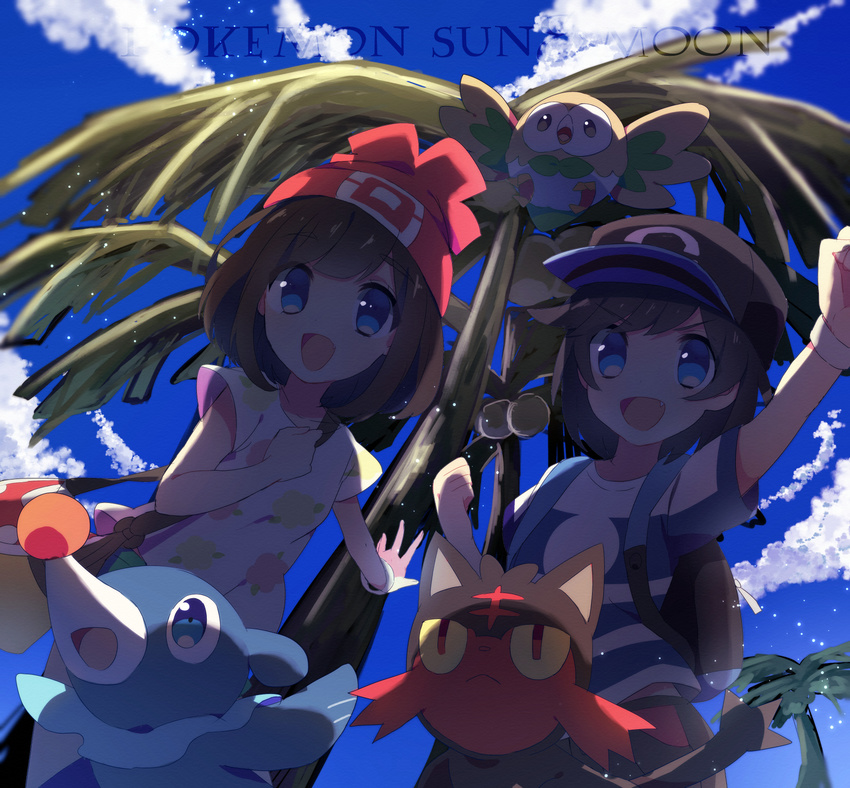 1girl :d backpack bag bird black_hair blue_eyes brown_hair cat cloud copyright_name day fang gen_7_pokemon hat highres hiyoko_(hello) litten mizuki_(pokemon) open_mouth owl palm_tree pokemon pokemon_(creature) pokemon_(game) pokemon_sm popplio rowlet sky smile tree v-shaped_eyebrows you_(pokemon)