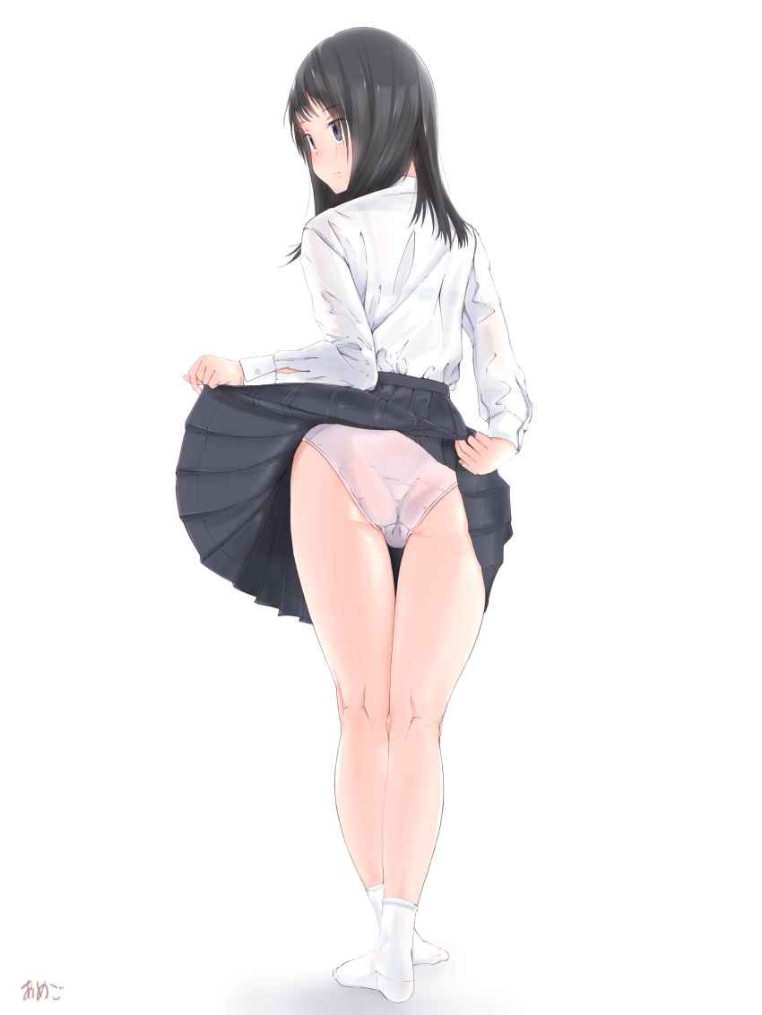 1girl absurdres amego artist_name ass bangs black_skirt blush bralines closed_mouth crotch_seam dress_shirt eyebrows_visible_through_hair from_behind frown full_body highres kneepits legs lifted_by_self long_sleeves looking_back medium_hair minigirl no_shoes original panties pink_panties pleated_skirt school_uniform shadow shirt signature simple_background skirt skirt_lift socks solo standing thigh_gap underwear uniform white_background white_legwear white_shirt