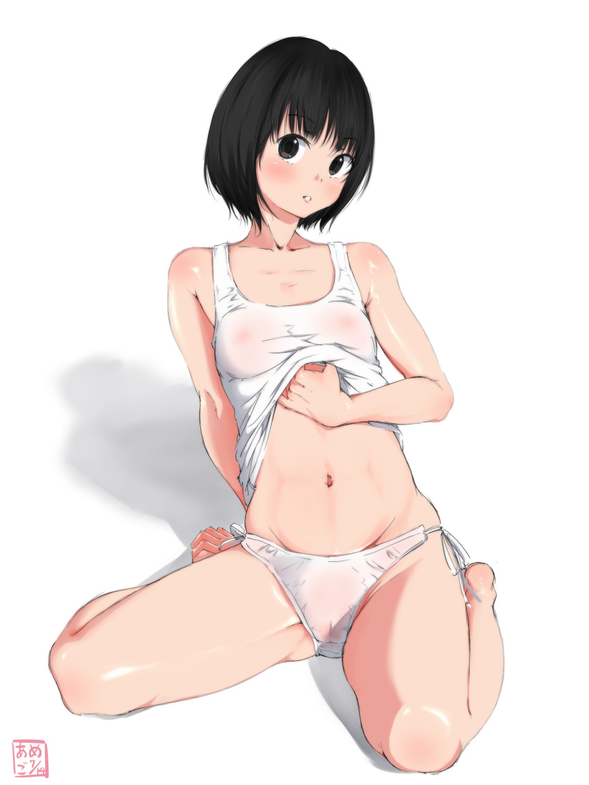 1girl absurdres amego arm_behind_back arm_support artist_logo bangs barefoot black_eyes black_hair breasts cameltoe commentary_request dated erect_nipples eyebrows_visible_through_hair full_body head_tilt highres leaning_back leaning_to_the_side legs light_frown looking_at_viewer original panties parted_lips see-through shadow shirt_lift short_hair side-tie_panties sitting small_breasts solo stomach tank_top underwear underwear_only white_background