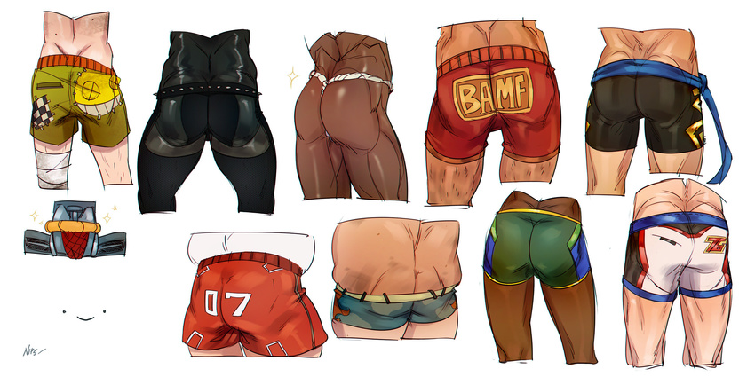 absurdres artist_name ass ass_focus bandaged_leg bandages belt bodysuit boxers butt_crack character_name close-up clothes_writing cropped_legs from_behind fundoshi genji_(overwatch) green_shorts hanzo_(overwatch) head_out_of_frame highres japanese_clothes leg_hair lowleg lowleg_shorts lucio_(overwatch) male_focus male_underwear mccree_(overwatch) multiple_boys nicole_echeverria overwatch reaper_(overwatch) reinhardt_(overwatch) roadhog_(overwatch) sash shirt short_shorts shorts simple_background soldier:_76_(overwatch) sparkle spiked_belt spikes underwear white_background white_shirt zenyatta_(overwatch)