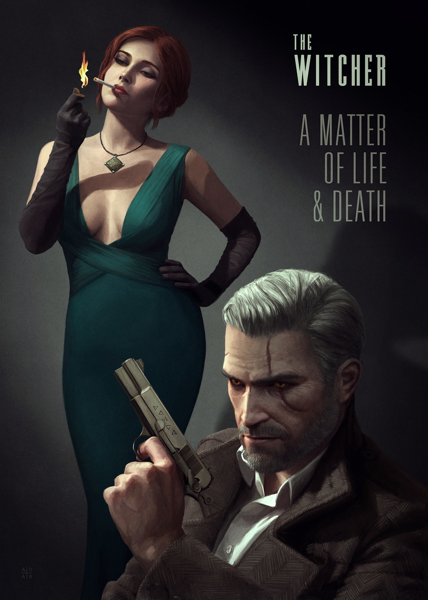 1girl astor_alexander beard black_gloves breasts browning_hi-power cigarette contemporary cover dress elbow_gloves facial_hair fake_cover film_noir fire geralt_of_rivia gloves green_dress green_eyes gun hand_on_hip handgun highres jewelry lips lipstick magic makeup medium_breasts necklace nose red_hair scar scar_across_eye smoking the_witcher the_witcher_3 triss_merigold weapon white_hair yellow_eyes