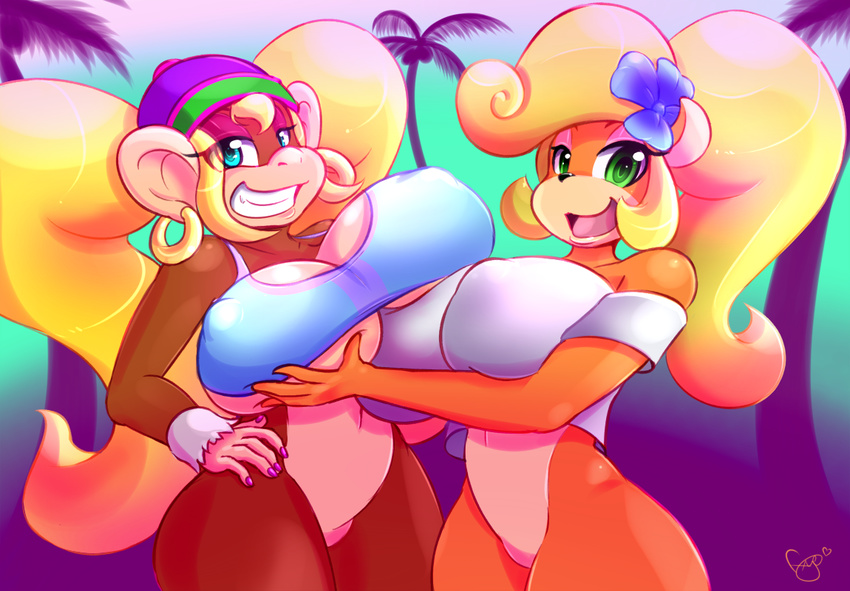 anthro bandicoot big_breasts breasts cleavage clothed clothing coco_bandicoot crash_bandicoot_(series) crossover donkey_kong_(series) duo erect_nipples female fyxefox huge_breasts mammal marsupial monkey nintendo nipple_bulge nipples primate smile tiny_kong under_boob video_games