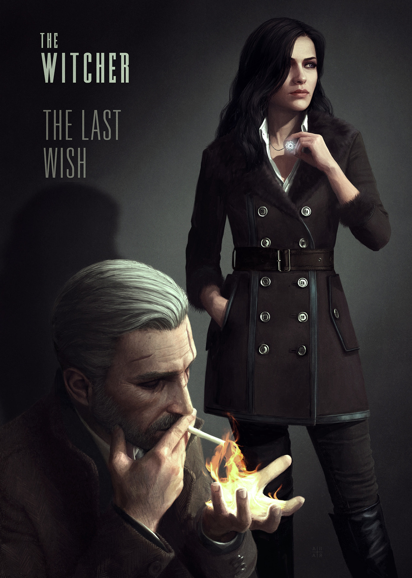 1girl astor_alexander beard black_hair brown_eyes cigarette contemporary cover facial_hair fake_cover film_noir fire geralt_of_rivia hair_over_one_eye hand_in_pocket highres jewelry lips long_coat long_hair magic mole mole_under_mouth necklace pendant scar scar_across_eye smoking the_witcher the_witcher_3 white_hair yennefer