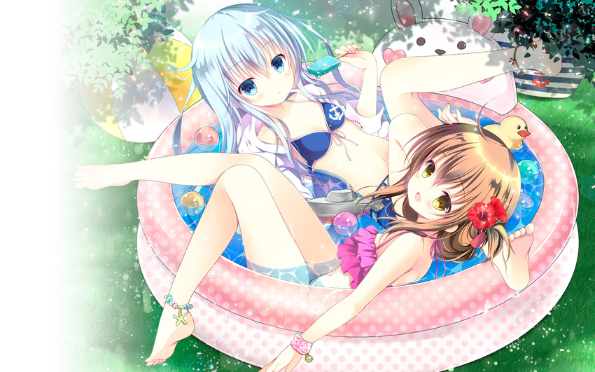 :d afloat ahoge anchor_symbol anklet arm_up ball bare_arms bare_legs bare_shoulders barefoot beachball bikini blue_eyes blush breasts brown_hair charm_(object) dappled_sunlight day food frilled_bikini frills full_body grass hibiki_(kantai_collection) highres holding holding_food inazuma_(kantai_collection) jewelry kantai_collection legs_up long_sleeves looking_at_viewer melting multiple_girls navel one_side_up open_clothes open_mouth open_shirt outdoors partially_submerged pink_bikini plant popsicle rubber_duck shirogane_hina shirt silver_hair small_breasts smile soles stomach summer sunlight swimsuit tareme toes tree wading_pool water wet wet_clothes wet_shirt white_shirt wristband
