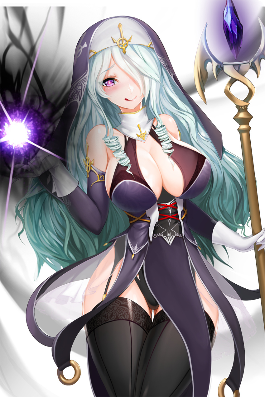 alkyde_(soccer_spirits) aqua_hair bare_shoulders black_legwear breasts cleavage detached_sleeves garter_straps gloves habit hair_over_one_eye highres holding holding_staff large_breasts long_hair looking_at_viewer magic non-web_source official_art purple_eyes snowball22 soccer_spirits solo staff standing thighhighs tongue tongue_out white_gloves
