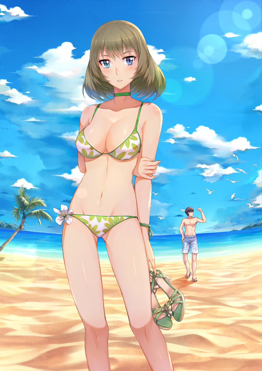 1girl absurdres arms_behind_back beach bikini black_hair blue_eyes bracelet breasts brown_hair choker choukoukou_no_diaosi cleavage cloud day green_eyes groin heterochromia highres holding holding_arm holding_shoes idolmaster idolmaster_cinderella_girls jewelry large_breasts lens_flare mole mole_under_eye navel ocean outdoors palm_tree parted_lips producer_(idolmaster_cinderella_girls_anime) shoes shoes_removed short_hair sky standing swimsuit takagaki_kaede tree water