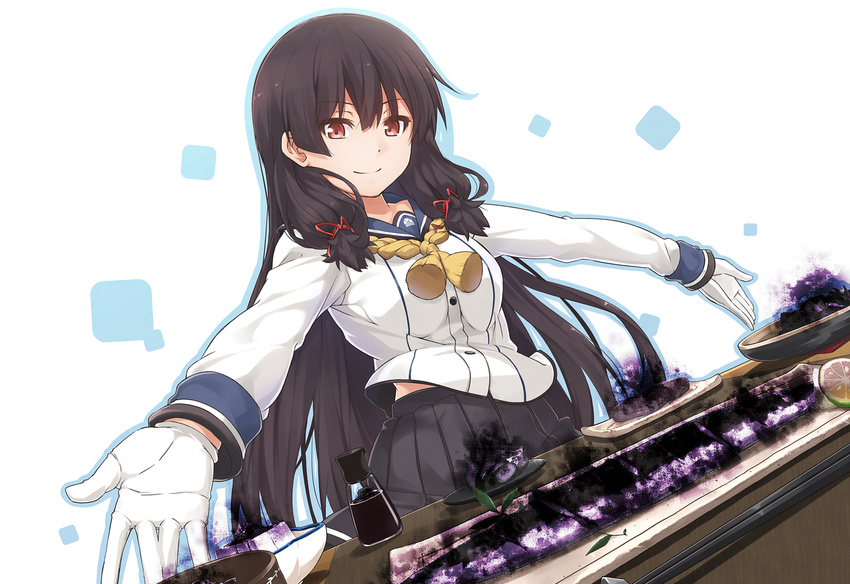 aura black_hair breasts buttons chopsticks dark_aura food gloves grey_skirt hair_ribbon highres isokaze_(kantai_collection) kantai_collection light_smile long_hair long_sleeves looking_at_viewer medium_breasts nanaku_teiru outstretched_arms parody plate pleated_skirt red_eyes ribbon school_uniform serafuku skirt smile solo tress_ribbon white_gloves