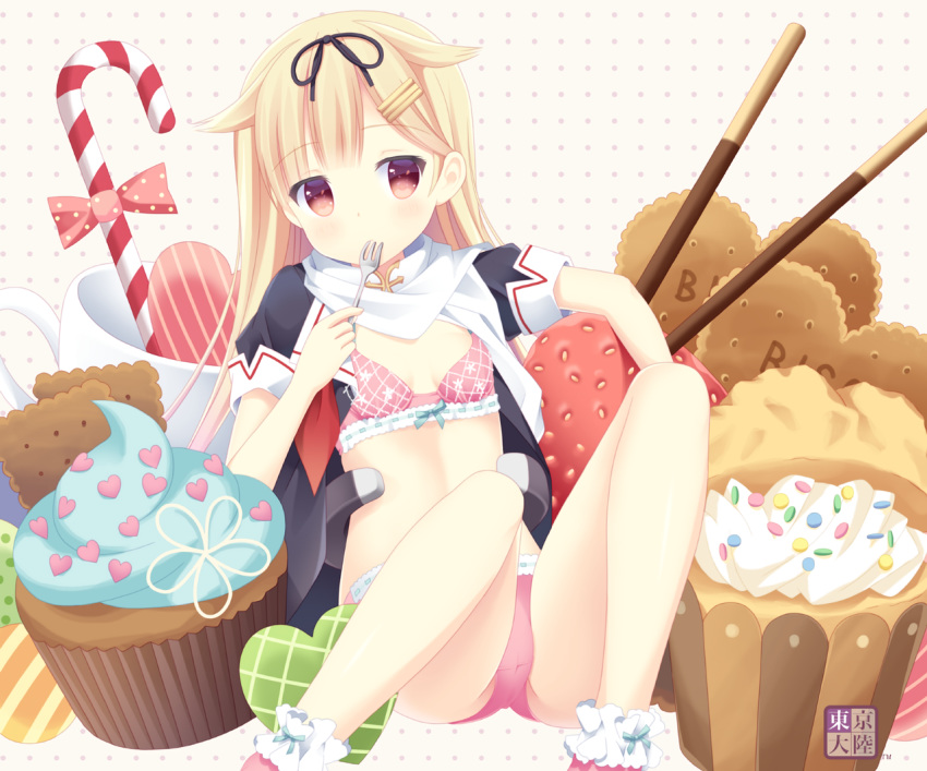 anthropomorphism blonde_hair bra cake cameltoe candy cropped flat_chest food fruit kantai_collection kurasawa_kyoushou long_hair panties pocky red_eyes scarf socks strawberry underwear waifu2x yuudachi_(kancolle)