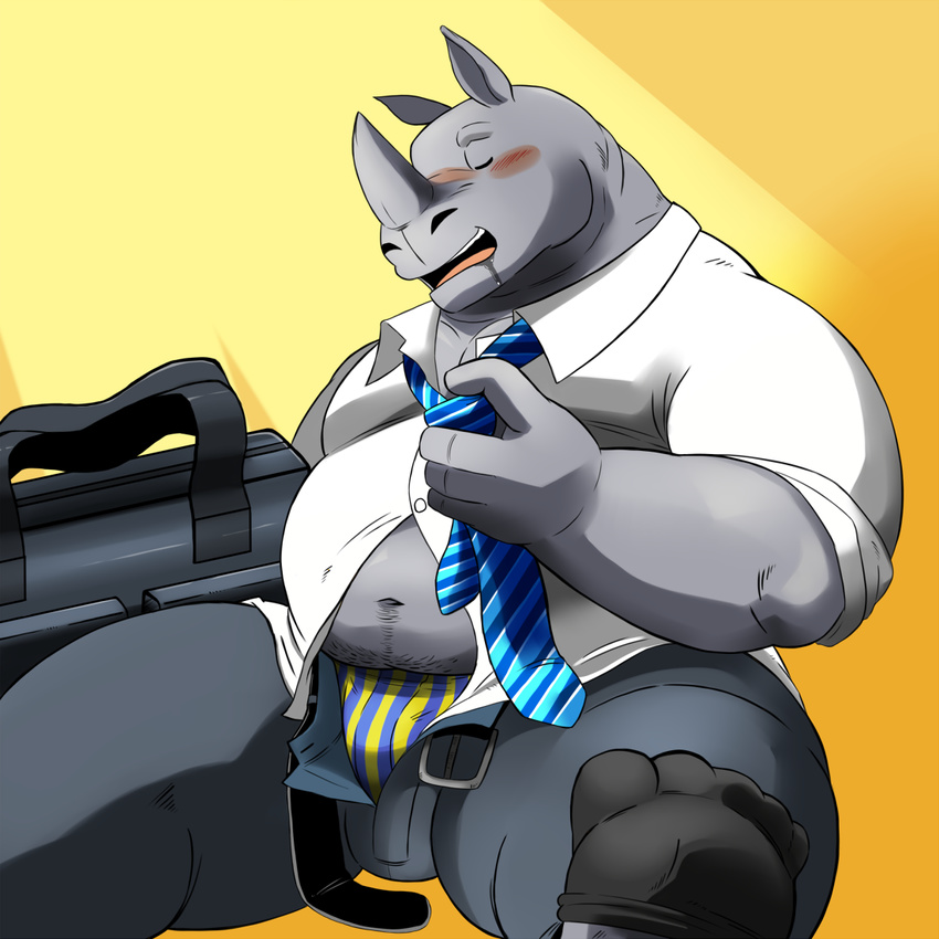 anthro belt biceps blush briefcase clothing eyes_closed front_view hi_res holding_object horn legwear male mammal manly mature_male necktie open_mouth pants pecs relaxing rhinoceros saliva shiba-kenta shirt simple_background sitting socks solo teeth tongue underwear work