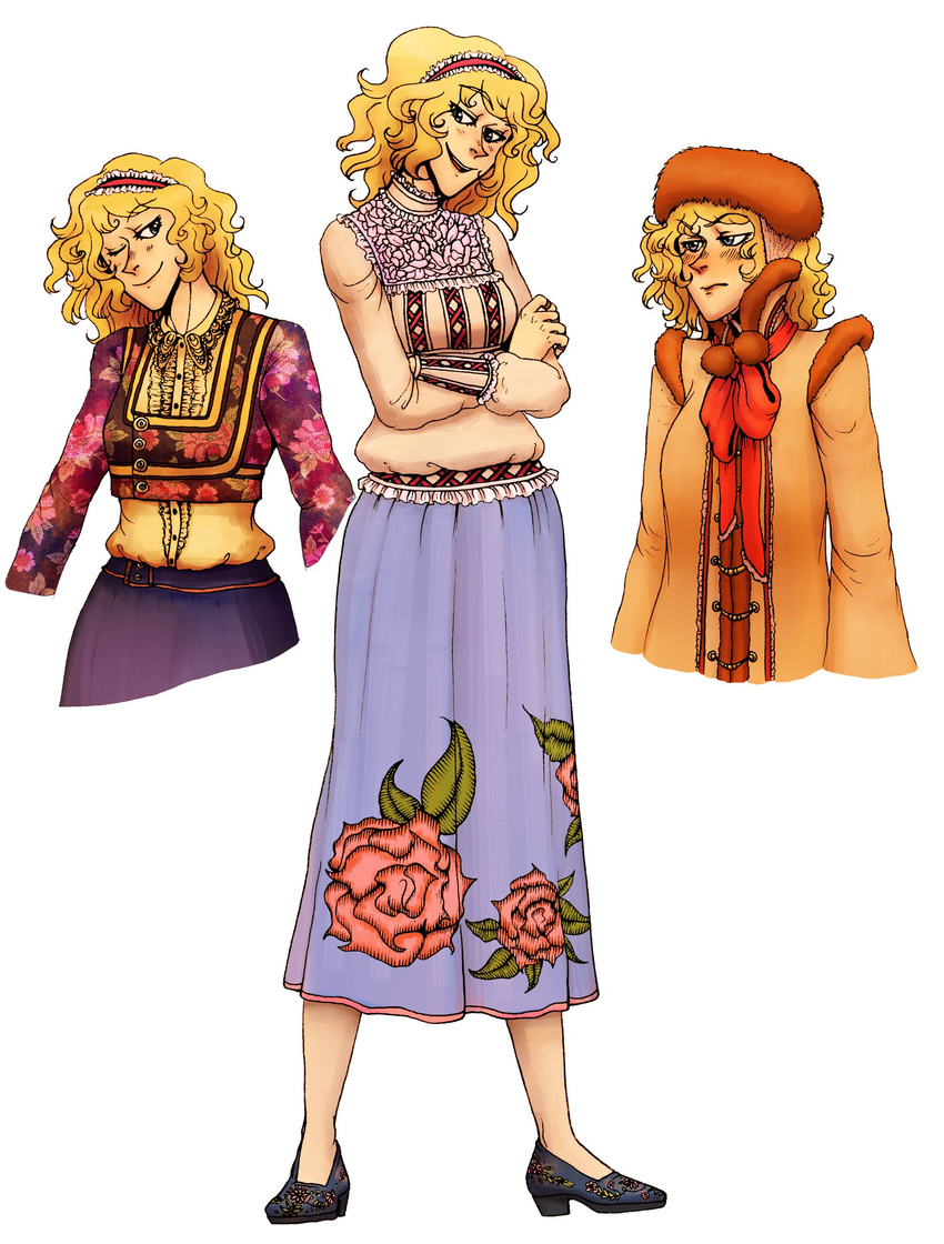 ;) alice_margatroid alternate_costume blonde_hair blue_eyes blue_footwear blue_skirt blush buttons center_frills chin_strap closed_mouth coat curly_hair embroidery floral_print frills full_body fur_hat fur_trim hairband hat high_heels highres lace long_skirt long_sleeves moonywitcher multiple_views no_socks one_eye_closed open_mouth parted_lips pom_pom_(clothes) print_footwear puppet_rings red_ribbon ribbon rose_print shoes short_hair simple_background skirt smile standing touhou white_background winter_clothes winter_coat