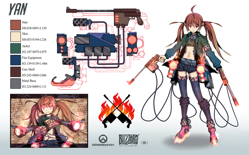 absurdres blizzard_(company) brown_hair character_profile copyright_name gun highres langjiao logo long_hair midriff original overwatch red_eyes solo thighhighs weapon