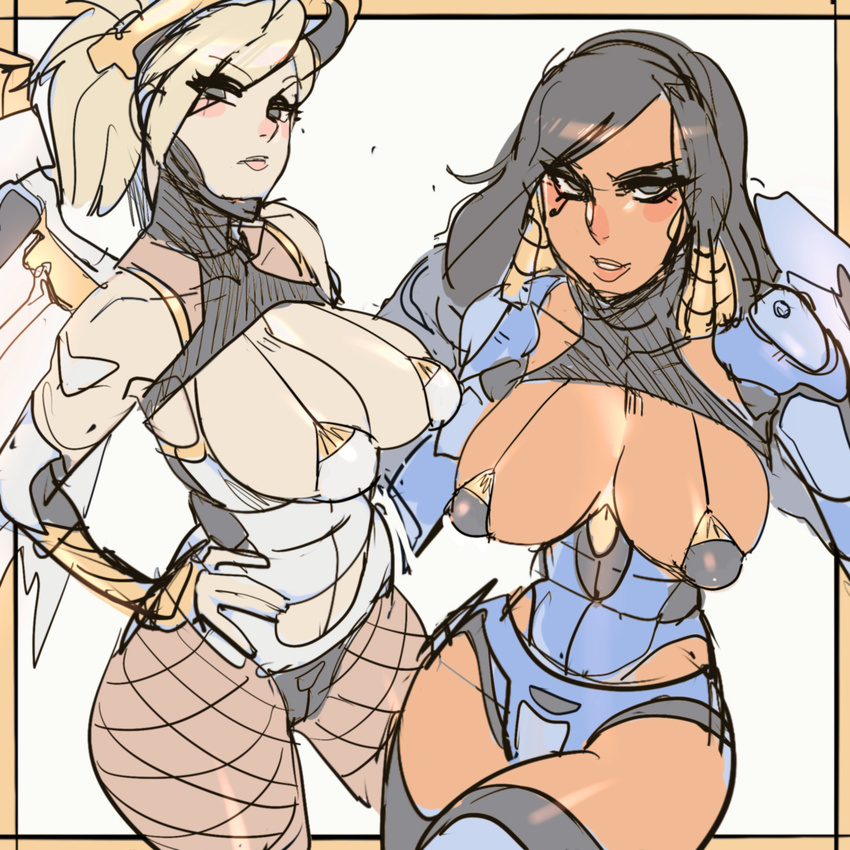 adapted_costume black_hair blonde_hair breasts cleavage dark_skin facial_tattoo fishnet_pantyhose fishnets highres large_breasts maniacpaint mechanical_halo mechanical_wings mercy_(overwatch) micro_bikini_top multiple_girls overwatch pantyhose pharah_(overwatch) power_armor sketch tattoo thighhighs wings