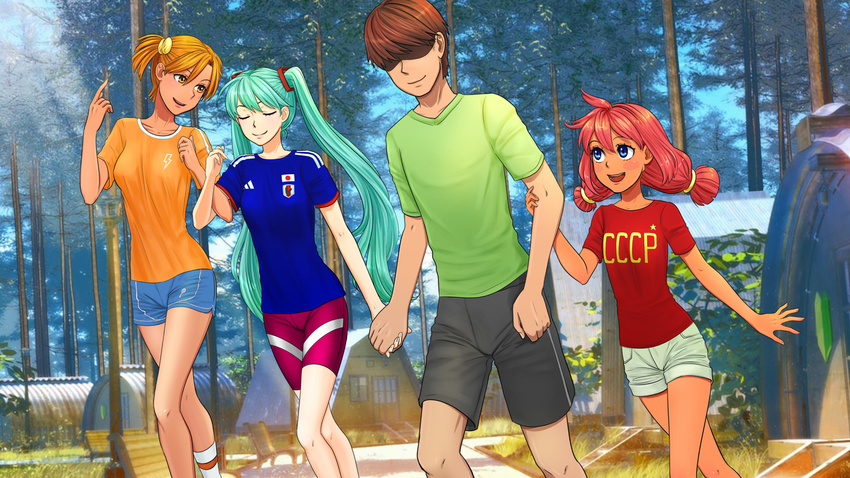 1boy 3girls aqua_hair arsenixc blue_eyes brown_hair dvache-tan everlasting_summer game_cg hatsune_miku multiple_girls orange_eyes orange_hair orikanekoi red_hair twintails ussr-tan vocaloid