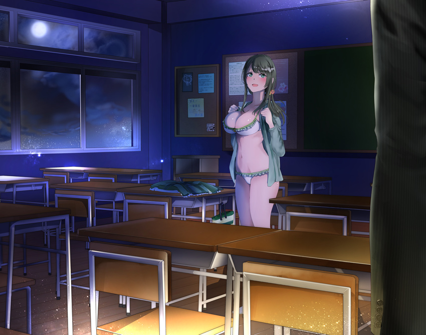 1girl absurdres bag battle_girl_high_school bikini blush bra breasts brown_hair bulletin_board chalkboard classroom clothes_removed commentary_request desk frilled_bikini frills green_eyes handbag highres indoors large_breasts midriff moon navel night night_sky open_mouth panties ravejaeger school_desk sky standing swimsuit tokiwa_kurumi underwear undressing window