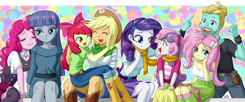 1boy 6+girls apple_bloom applejack fluttershy maud_pie multiple_girls my_little_pony my_little_pony_equestria_girls my_little_pony_friendship_is_magic personification pinkie_pie rarity sweetie_belle tagme uotapo zephyr_breeze