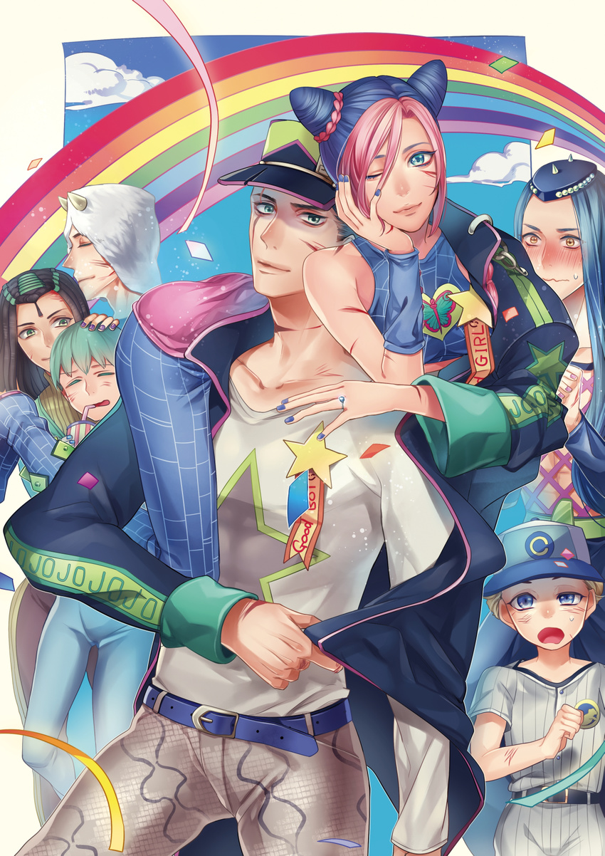 baseball_uniform belt black_hair blonde_hair blue_eyes blue_hair blue_nails blush carrying_over_shoulder chain cloud coat collarbone day double_bun drink drinking_straw emporio_alnino ermes_costello father_and_daughter foo_fighters green_eyes green_hair hairlocs hand_on_another's_head hands_together hat head_rest highres horns interlocked_fingers jewelry jojo_no_kimyou_na_bouken kesaharus kuujou_jolyne kuujou_joutarou long_hair multicolored_hair nail_polish narciso_anasui open_mouth pink_hair purple_nails rainbow ribbon ring scar scar_across_eye short_hair sportswear star stone_ocean striped two-tone_hair wavy_mouth weather_report white_hair yellow_eyes