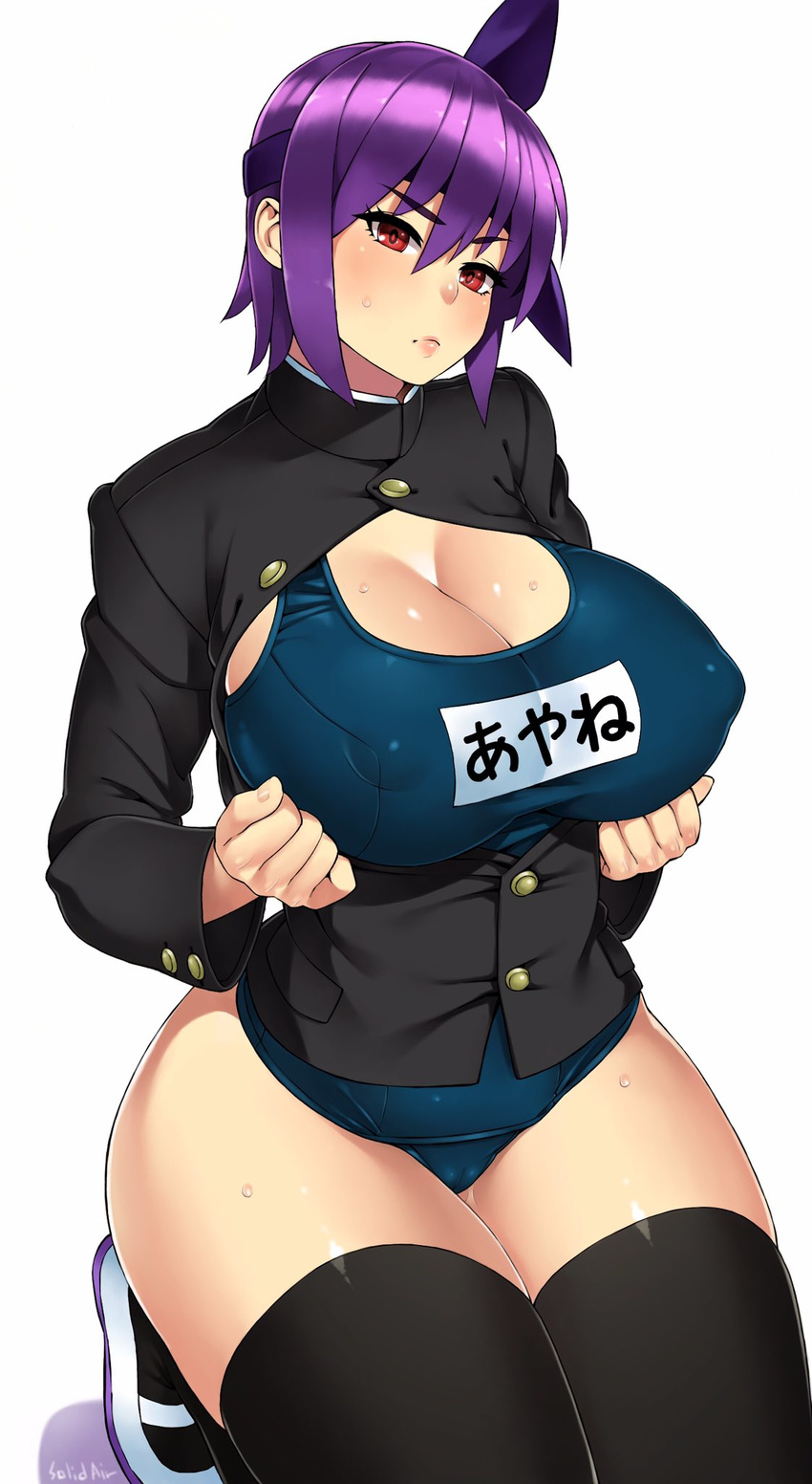 artist_name ayane_(doa) black_legwear blush breasts cleavage covered_nipples dead_or_alive gakuran headband highres huge_breasts lips looking_at_viewer plump purple_hair red_eyes school_swimsuit school_uniform short_hair simple_background solo sweat swimsuit swimsuit_under_clothes thighhighs white_background zonda_(solid_air)