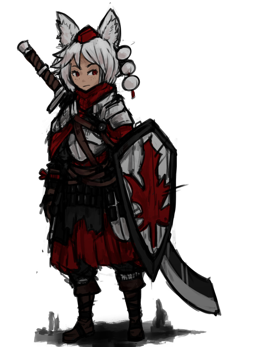 absurdres animal_ears armor full_body hat highres inubashiri_momiji leaf maple_leaf pom_poms shield solo sword tokin_hat touhou weapon white_background white_hair wolf_ears zana