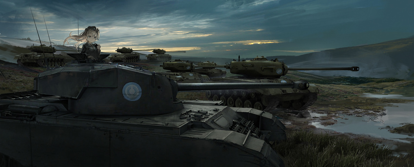 bad_id bad_pixiv_id blonde_hair brown_eyes centurion_(tank) cloud emblem girls_und_panzer grass ground_vehicle hat highres landscape long_hair m26_pershing military military_uniform military_vehicle motor_vehicle mountain mud necktie reflection renatus.z scenery selection_university_(emblem) selection_university_military_uniform shimada_arisu solo sunset tank uniform water