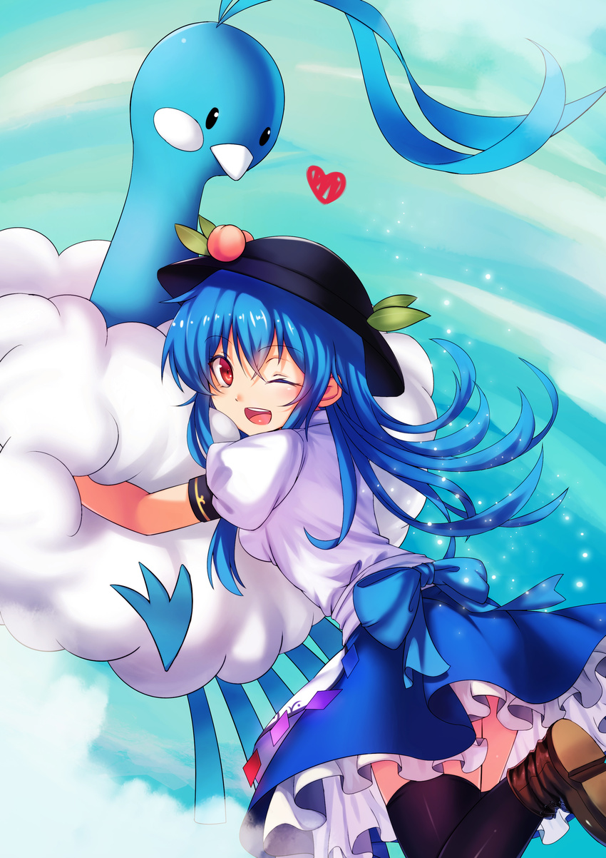 ;) ;d absurdres altaria ankle_boots beak black_hat black_legwear blue_bow blue_hair blue_skirt boots bow bowl bowl_hat brown_footwear eyebrows eyebrows_visible_through_hair food frilled_skirt frills from_behind fruit gen_3_pokemon glint hat heart highres hinanawi_tenshi hug koissa leaf long_hair looking_back one_eye_closed open_mouth peach pokemon pokemon_(creature) pokemon_(game) pokemon_rse puffy_short_sleeves puffy_sleeves red_eyes round_teeth shirt shoe_soles short_sleeves skirt smile teeth thighhighs touhou white_shirt zettai_ryouiki