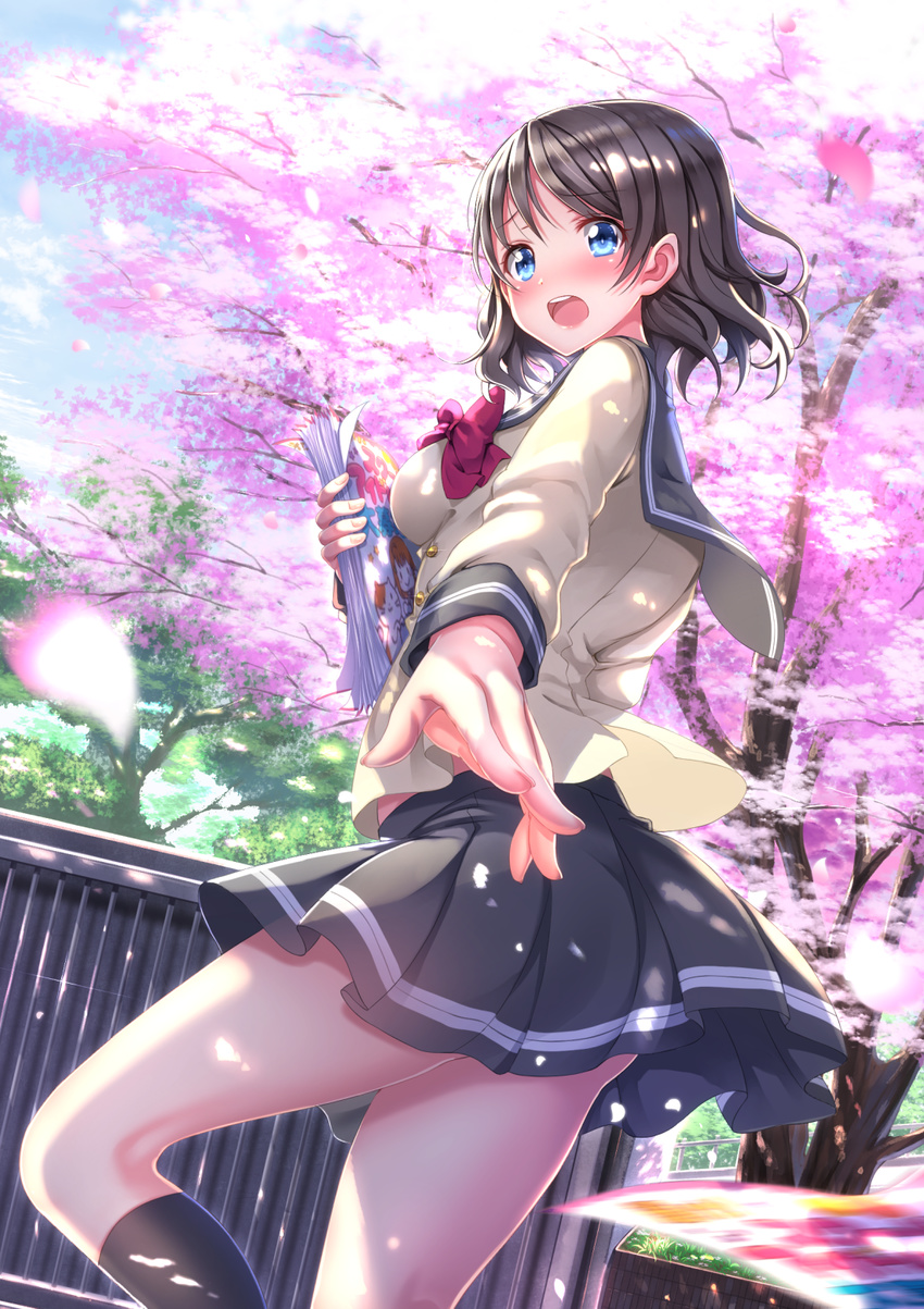 black_legwear black_skirt blue_eyes blue_sky blush book brown_hair cherry_blossoms cloud cloudy_sky day eyebrows eyebrows_visible_through_hair eyes_visible_through_hair hair_between_eyes highres long_sleeves looking_at_viewer looking_back love_live! love_live!_sunshine!! manga_(object) open_mouth outdoors outstretched_hand petals pleated_skirt ribbon school_uniform serafuku short_hair skirt sky socks solo standing standing_on_one_leg swordsouls thighhighs tree uranohoshi_school_uniform watanabe_you wind wind_lift zettai_ryouiki