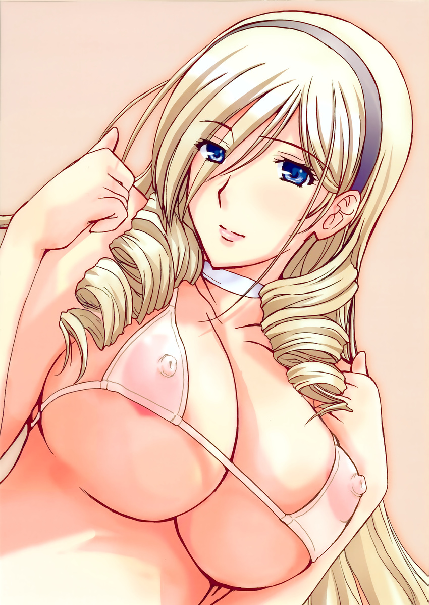 1girl areolae bikini blonde_hair blue_eyes breasts celia_kumani_entory curly_hair drill_hair eyes_visible_through_hair female from_below hair_between_eyes hairband ishihara_souka large_breasts long_hair looking_at_viewer nipples puffy_nipples ringlets simple_background solo upper_body walkure_romanze