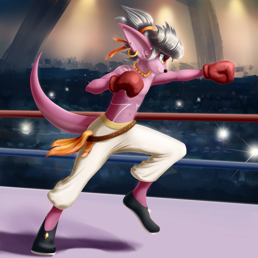 2016 action_pose boxing boxing_gloves clothed clothing ear_piercing fur grey_hair hair jt-metalli kangaroo male mammal marsupial navel piercing pink_fur solo sport topless