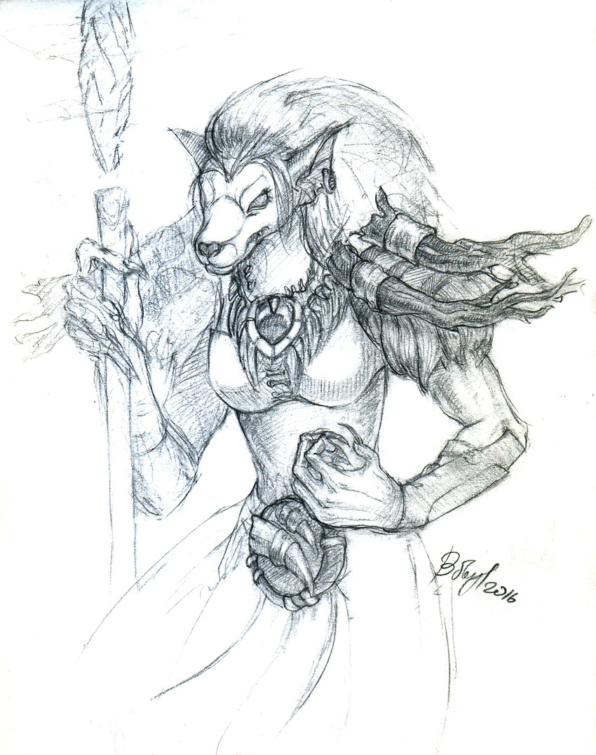 anthro bobyl_(artist) branch canine claws clothed clothing dress ear_piercing female fully_clothed fur hair hi_res holding_object jewelry long_hair looking_at_viewer mammal monochrome necklace piercing signature simple_background sketch staff teeth text tusks video_games warcraft weapon were werewolf white_background worgen