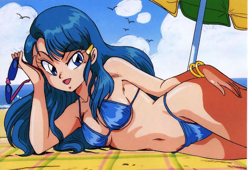 90s asymmetrical_bangs bangs beach beach_towel beach_umbrella bikini blue_bikini blue_eyes blue_hair bracelet day genji_tsuushin_agedama glasses hair_ornament hairclip highres jewelry kuki_rei long_hair lying navel on_side open_mouth outdoors rimless_eyewear solo sunglasses swimsuit towel tsuji_hatsuki umbrella