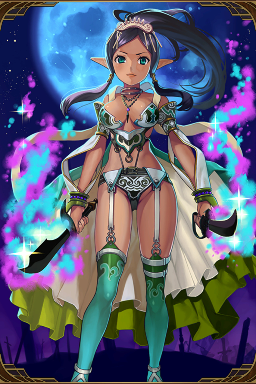 aqua_eyes artist_request breasts cape dagger dark_skin detached_sleeves dual_wielding field_of_blades garter_belt grand_sphere highres holding jewelry large_breasts long_hair moon over-kneehighs planted_sword planted_weapon pointy_ears purple_hair sidelocks solo star_(sky) sword thighhighs weapon