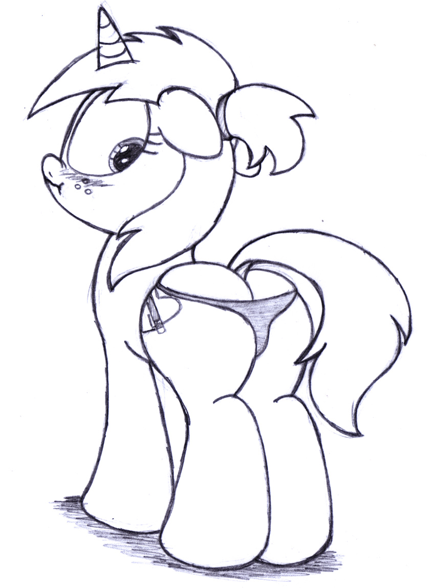 an-tonio blush butt clothed clothing equine fan_character female feral freckles hair horn looking_back mammal my_little_pony silver_draw simple_background sketch solo unicorn white_background