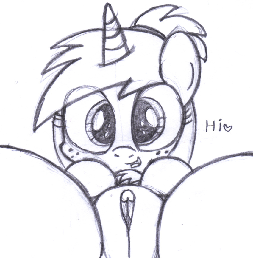&lt;3 an-tonio chest_tuft clitoris english_text equine fan_character female hair horn looking_at_viewer mammal my_little_pony open_mouth pussy silver_draw simple_background sketch solo text tongue tuft unicorn white_background wide_eyed