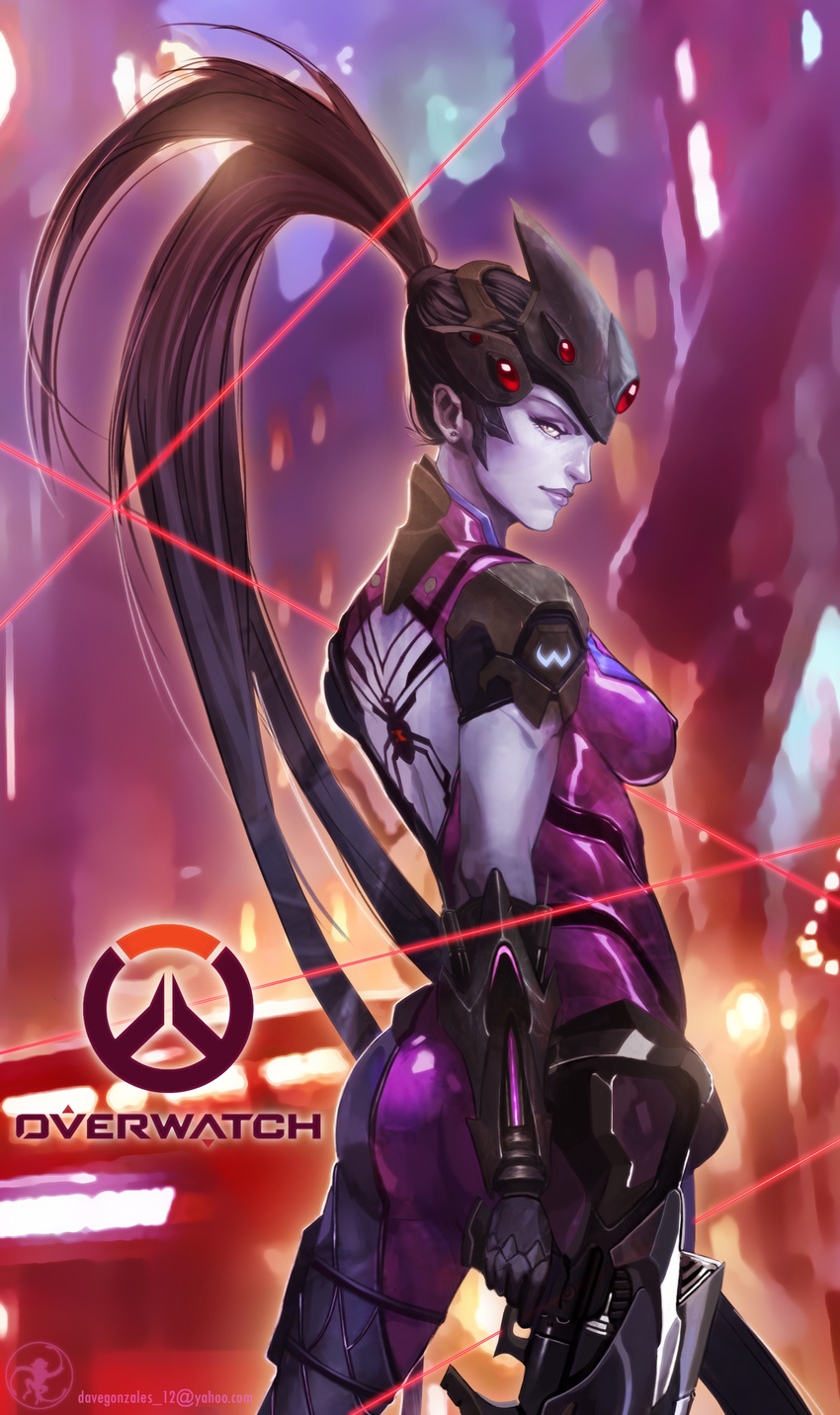 armor ass back back_tattoo bodysuit breasts copyright_name covered_nipples cowboy_shot earrings email_address emblem from_behind gauntlets gloves gun hair_ornament hair_tie head_mounted_display helmet highres holding holding_gun holding_weapon holster jewelry large_breasts laser_beam lips logo long_hair looking_at_viewer looking_back overwatch pauldrons pink_bodysuit ponytail purple_hair purple_lips purple_skin rifle short_sleeves skin_tight sniper_rifle solo spider_tattoo standing stud_earrings tattoo thigh_holster thigh_strap thighs turtleneck vambraces very_long_hair visor weapon widowmaker_(overwatch) yellow_eyes