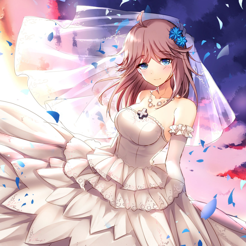 ahoge bare_shoulders bison_cangshu blue_eyes blush breasts bridal_veil bride collarbone commentary_request cowboy_shot cross dress elbow_gloves filigree flower frilled_gloves frills gloves highres jewelry long_hair looking_at_viewer medium_breasts necklace petals pink_hair smile solo strapless strapless_dress sunrise tirpitz_(zhan_jian_shao_nyu) veil wedding_dress white_dress white_gloves zhan_jian_shao_nyu